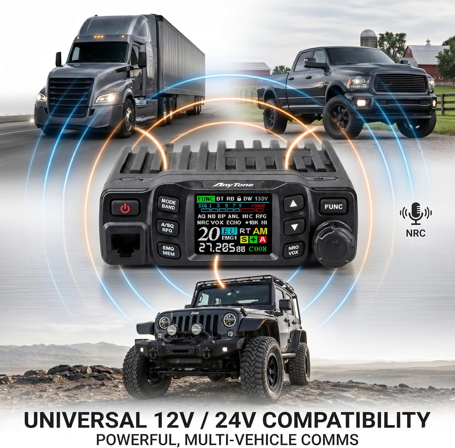 AnyTone AT-5000 CB Radio with universal 12V/24V compatibility for various vehicles