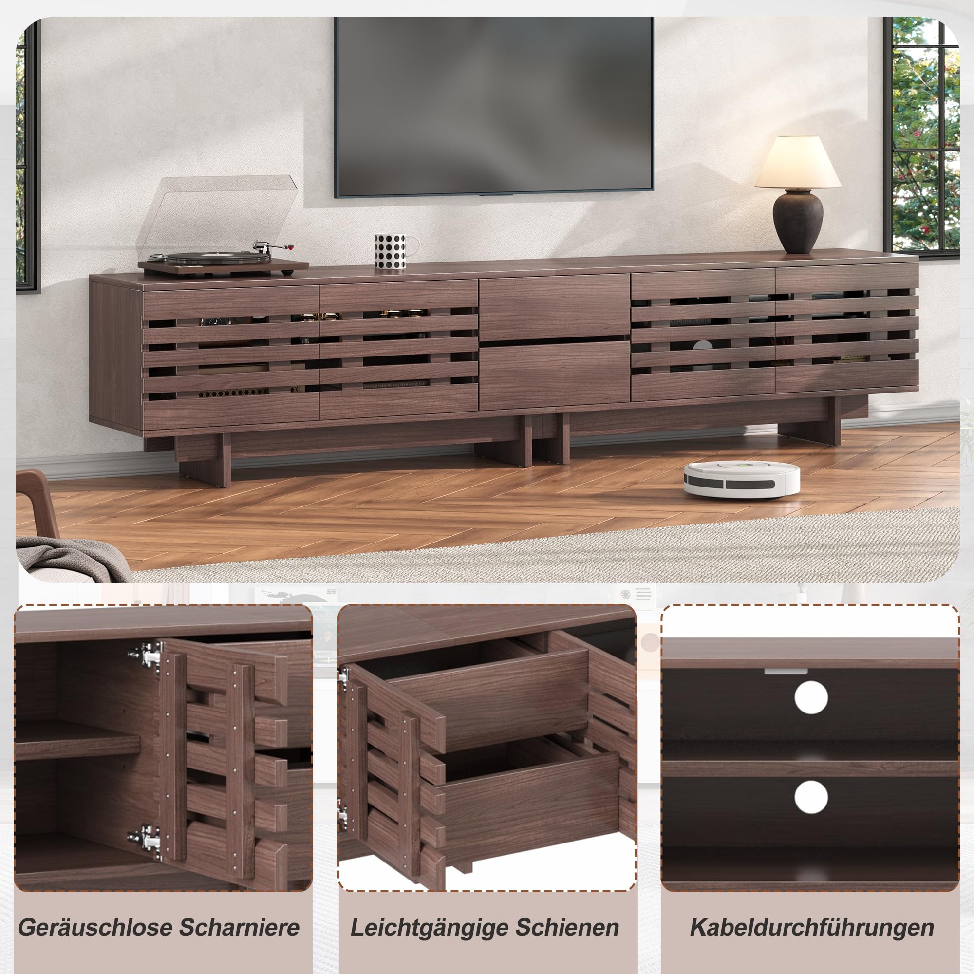 Armario para TV de 200 cm hasta 80 pulgadas, color nogal | 2 cajones, mueble bajo para TV de pie, con 6 compartimentos de almacenamiento, gestión de cables
