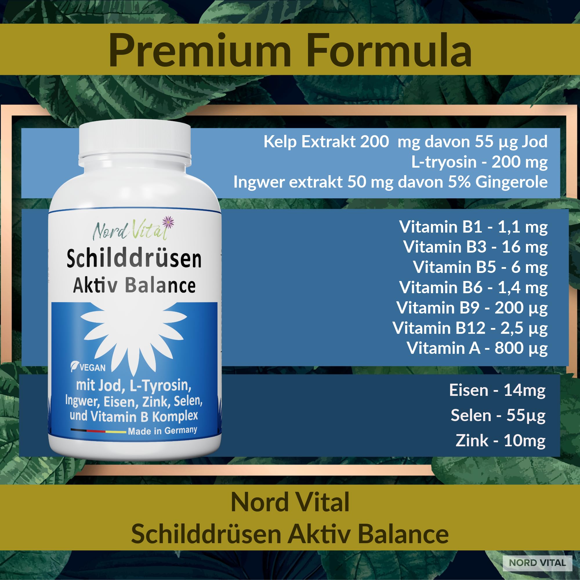 Schilddrüsen-Aktiv-Balance -13-in-1-Komplex mit Jod, L-Tyrosin, Ingwer, Selen, Eisen, Vitamin A und Vitamin B-Komplex - 180 Kapseln - Made in Germany - Ohne unerwünschte Zusätze - Vegan