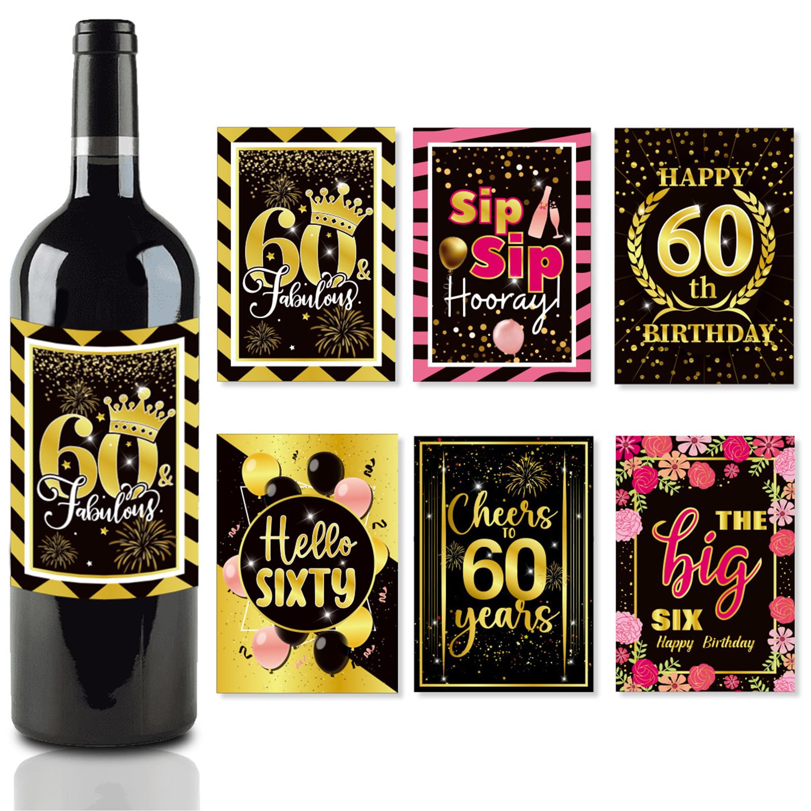 Etiquetas de Botella 60 Aniversario Juego de 6, Negro & Oro Etiquetas Vino, Decoración Cumpleaños Hombres & Mujeres, Autoadhesivas, Regalo