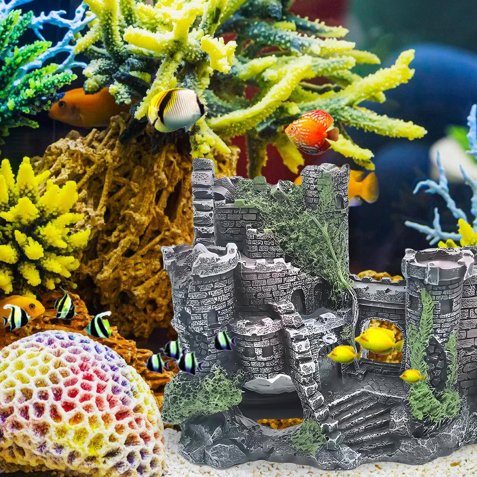 Grande décoration pour aquarium : ornements en résine, décorations de château en ruine classique, accessoires pour aquarium, paysage en polyrésine pour poissons, crevettes, tortues (château)