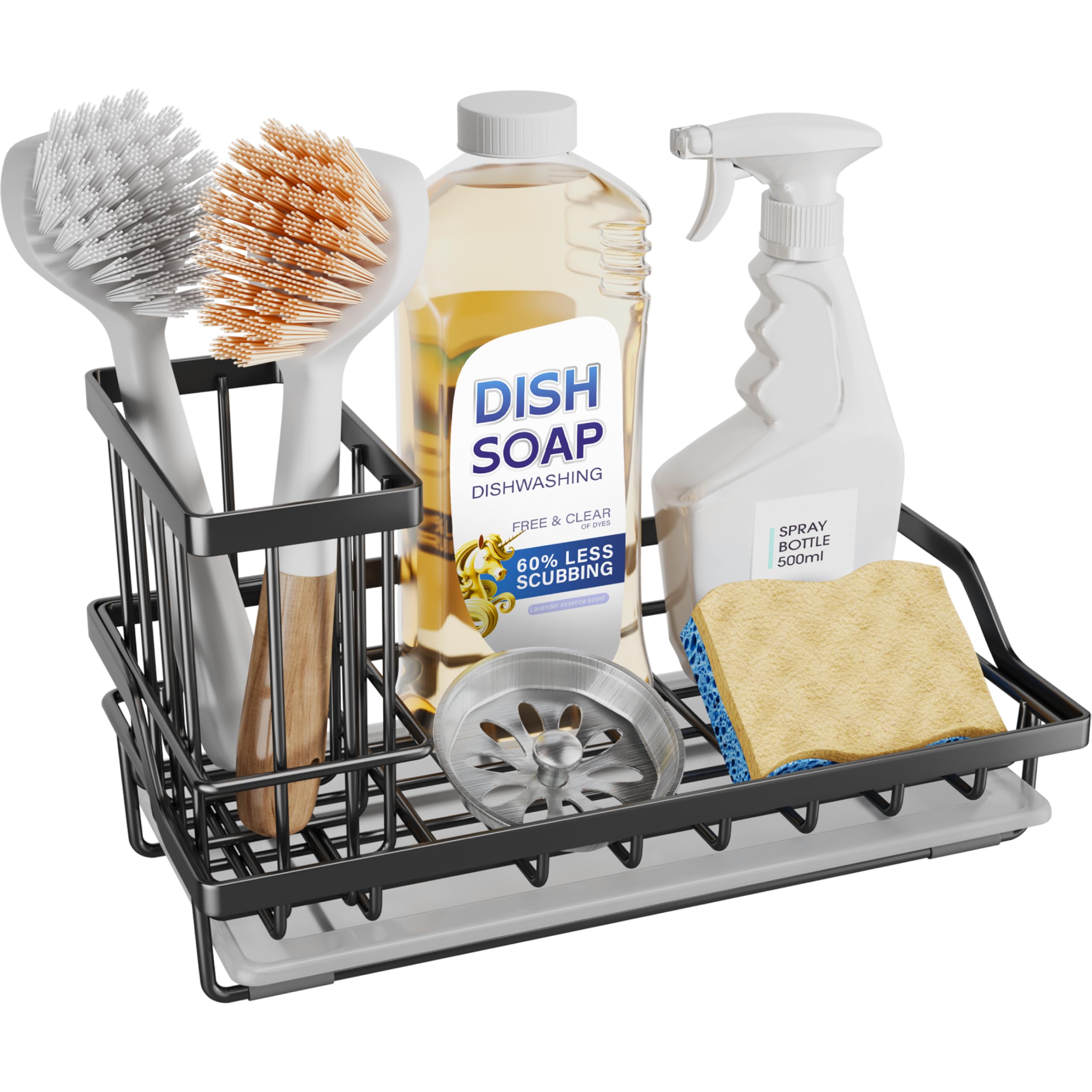 SWTYMIKI Large Sink Caddy Kitchen Sink Organizer with Detachable Brush Holder, Stainless Steel Sponge Holder with Removable Drip Tray Sponge Caddy for