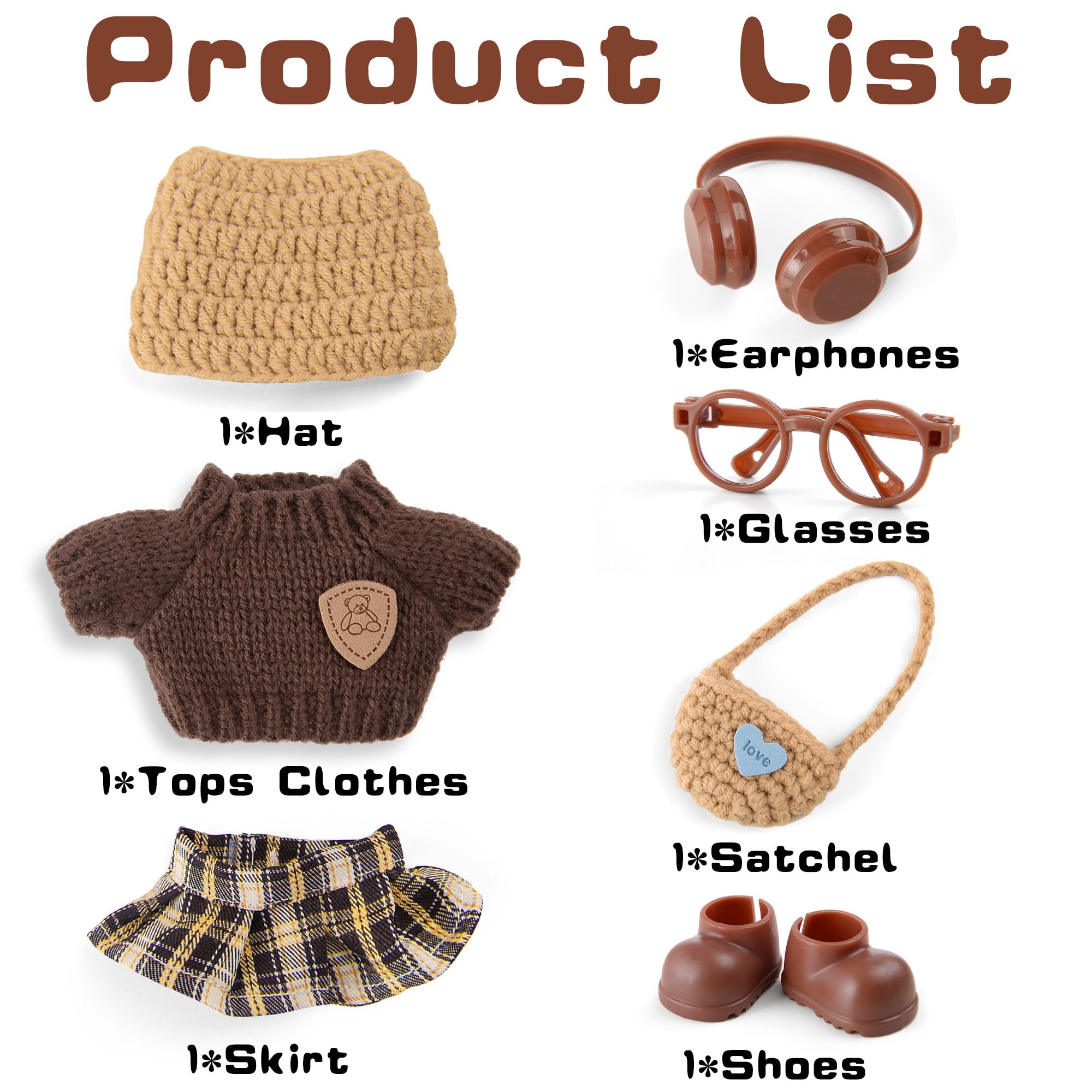 17cm Doll Knit Style Outfits Clothes and Accessories Set Include: Hat, Sweater, Dress, Bag, Glasses - Image 2
