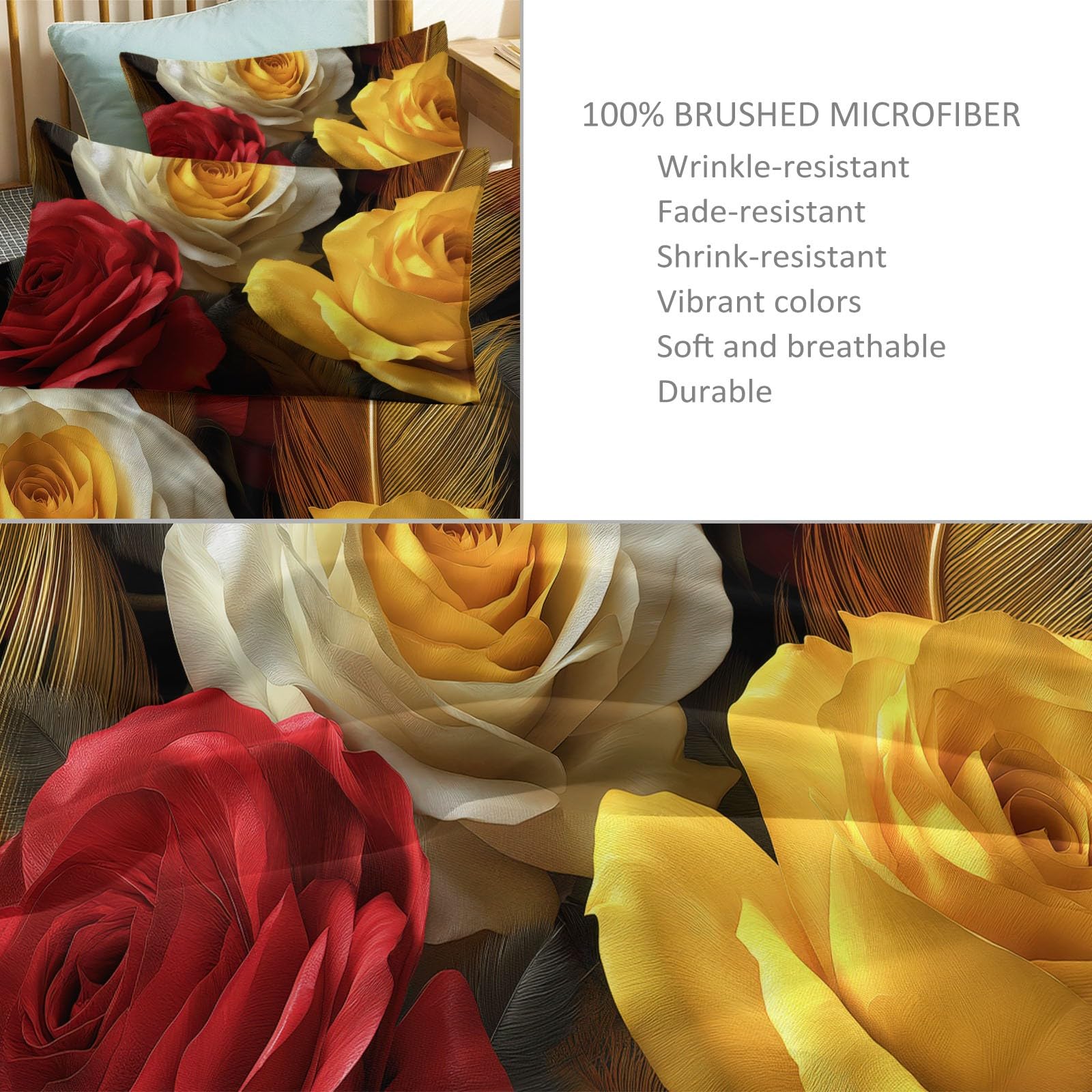 Copripiumino Matrimoniale Biancheria da Letto Morbida Antirughe, 3D Retro Fiori Rose Fantasia 200 x 200 cm, Parure Copripiumino con federe Sacco Piumone Camera Da Letto Per Bambini Giallo Scuro