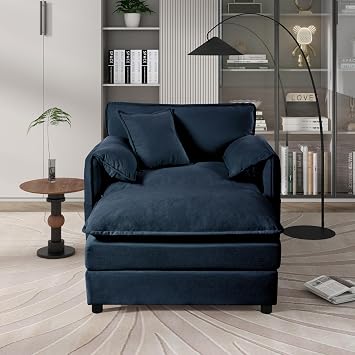 41" Oversized Accent Chair with Ottoman, Deap Seat Recliner Chair with Dual Layer Cushion, Soft Chenille Upholstered Chaise Lounge Chair for Living Room Bedroom Apartment Dark Blue