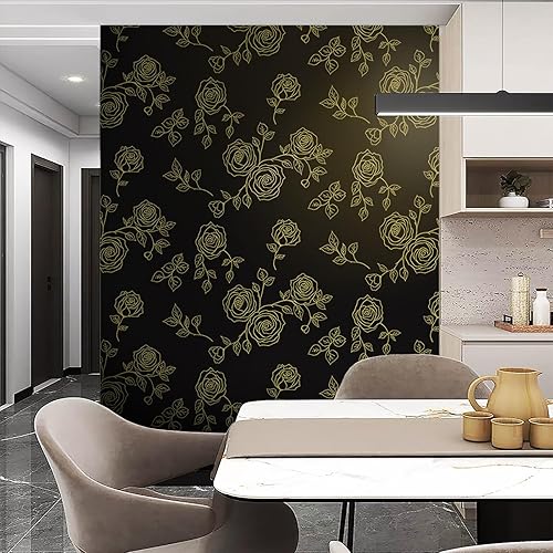Miniatura 4 de Yun-aeon Papel tapiz floral dorado y negro de 17.3 x 80 pulgadas, moderno papel de contacto geométrico extraíble, papel tapiz autoadhesivo para