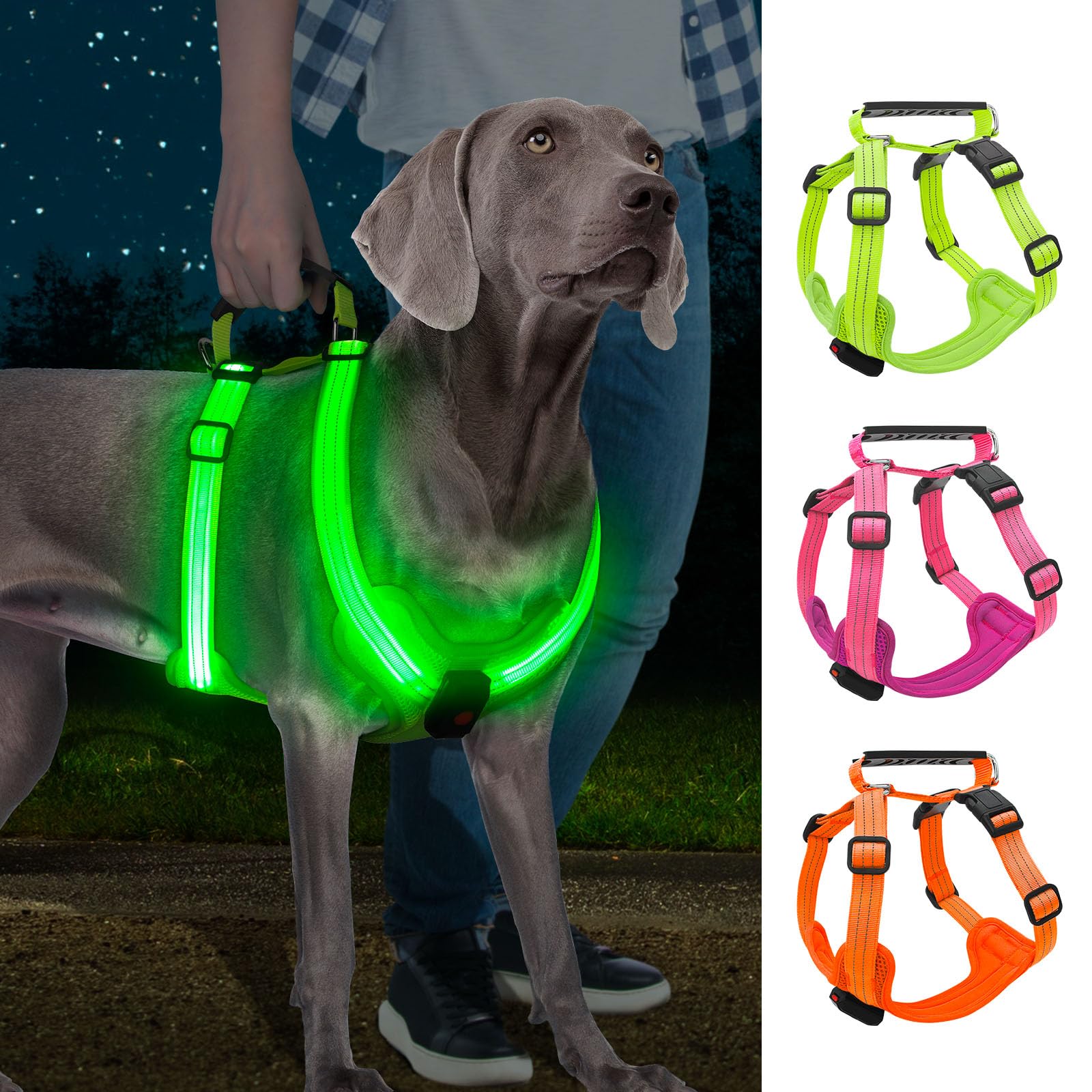 Light Up Dog Harness, Led No Pull Dog Harness with Handle Reflective Glow-in-The-Dark for Night Walking, USB Rechargeable Lighted Vest for Medium Large Dogs, Adjustable Soft Illuminated (Green, M)