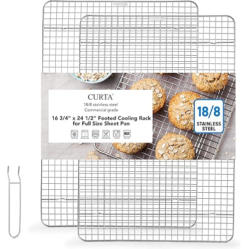 CURTA 2 Pack 16.8" X 24.4" Chef Cooling Rack,NSF Listed 18/8 Stainless Steel Oven Safe Grid Wire Cookie Cooling Racks for Baking & Cooking - Commercial Grade comes with Lifting Handl