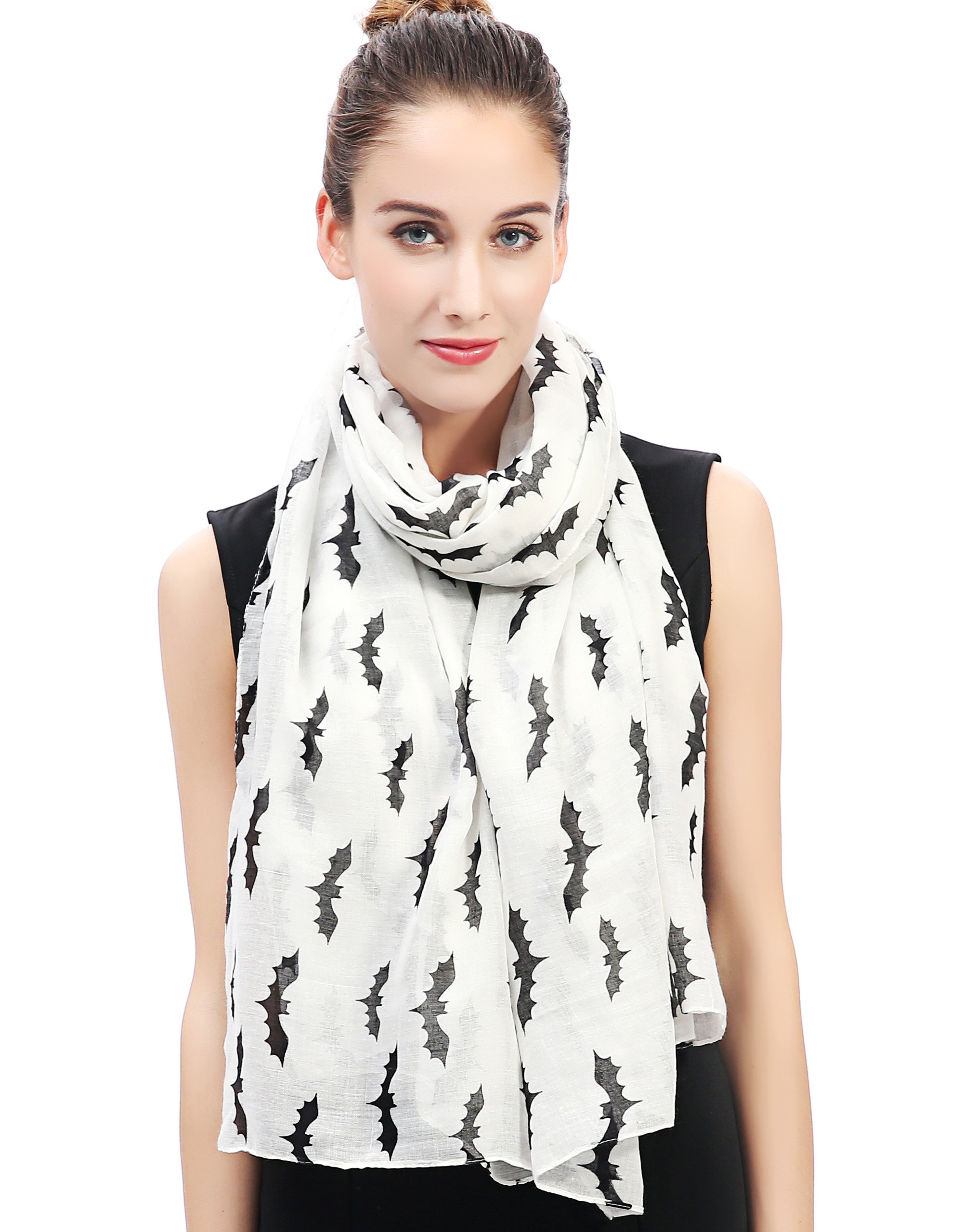 Lina & Lily Women's White Halloween Bat Print Scarf Shawl Wrap Lightweight (White)