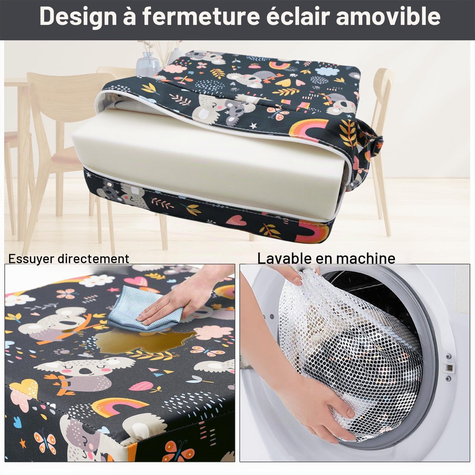 Rehausseur Chaise Enfant, PU Imperméable à l'eau Fort Support Portable Chaise Surélevée, Adapté pour les Repas des Jeunes Enfants, Coussin de Chaise Surélevée Facile à Nettoyer (Noir Koala)
