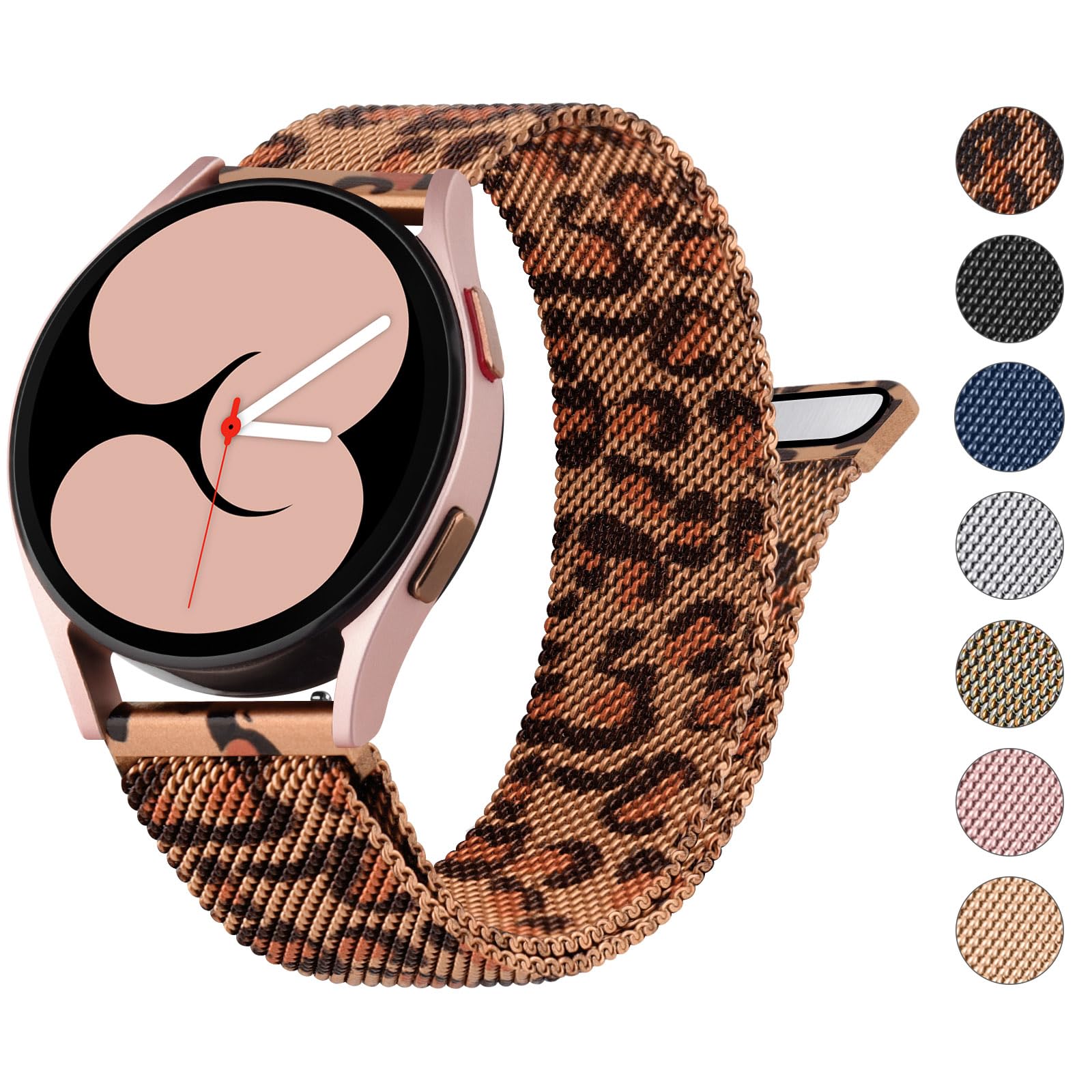 Zoye Metal Strap for Samsung Galaxy Watch 4 Strap 40mm 44mm Men Women, Samsung Galaxy Watch 4 Classic Strap 42mm 46mm,20mm Adjustable Silicone Sport Replacement Band for Galaxy Watch 6/5/4 (Leopard)
