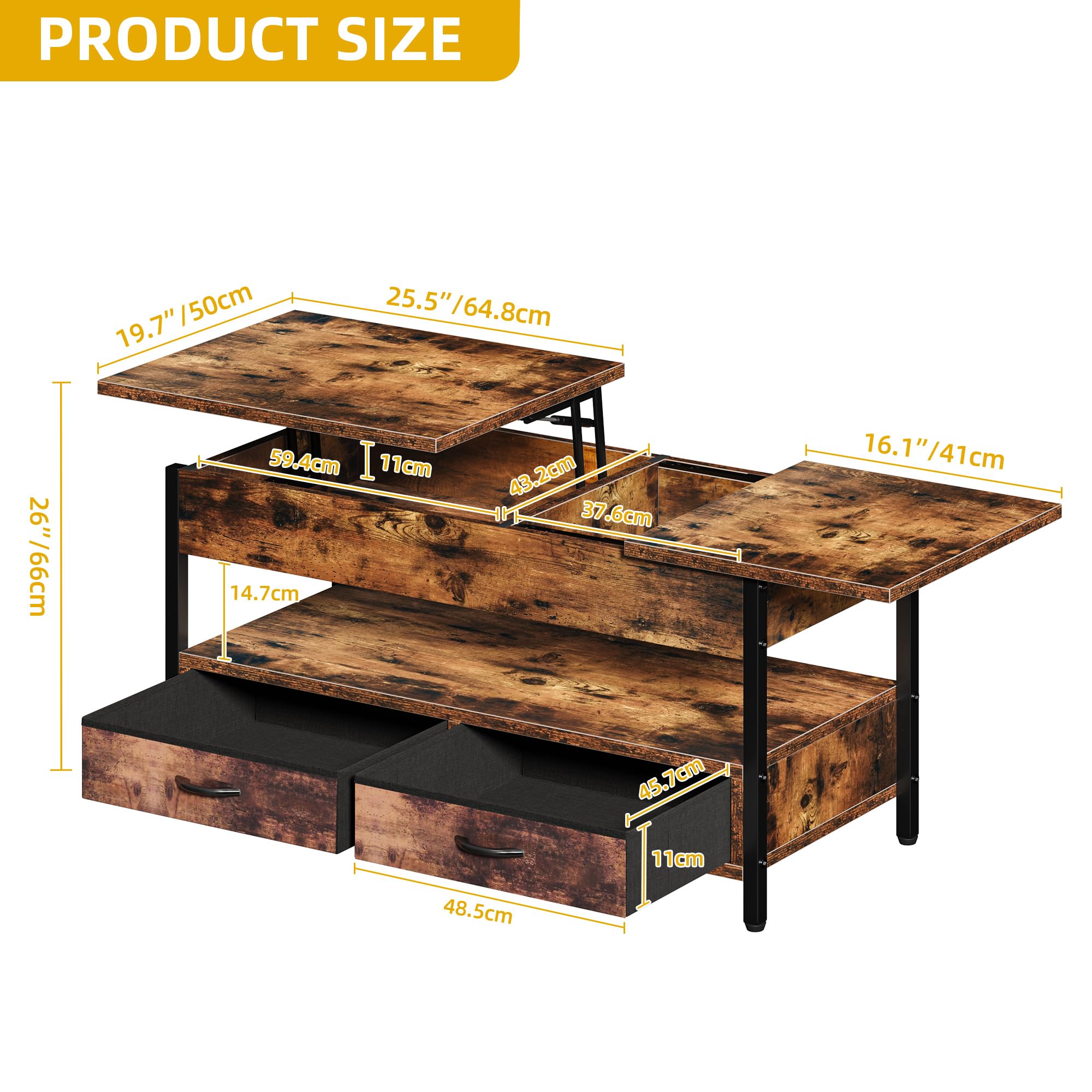 DWVO Couchtisch Höhenverstellbar mit 2 Schublade und Offener Lagerraum, LED Couchtisch mit Verstecktem Ablagefach, Wohnzimmertisch 106 x50x51,5cm