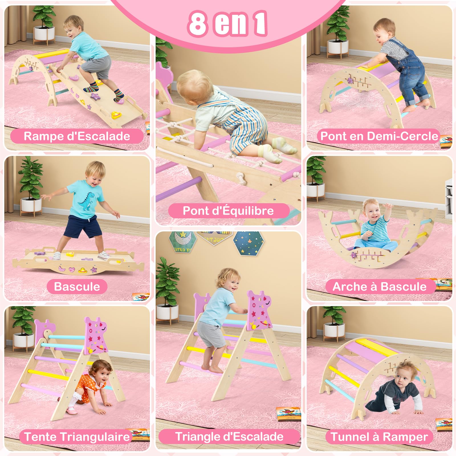 COSTWAY Triángulo De Escalada Interior – Estructura De Madera Con Tobogán Y Arco – Juego 8 En 1 Montessori – Plegable Y Seguro – Para Niños De 1 Año En Adelante (Unicornio, 4 Piezas)