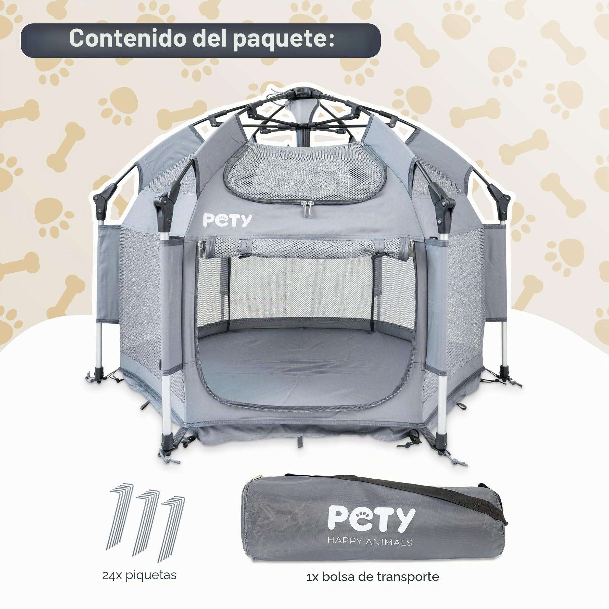 PETY Parque para Perros - 110 x 80 cm Tienda Móvil con Bolsa de Transporte y Estacas - Recinto para Mascotas Exterior e Interior - Accesorios de Viaje para Camping - Antracita