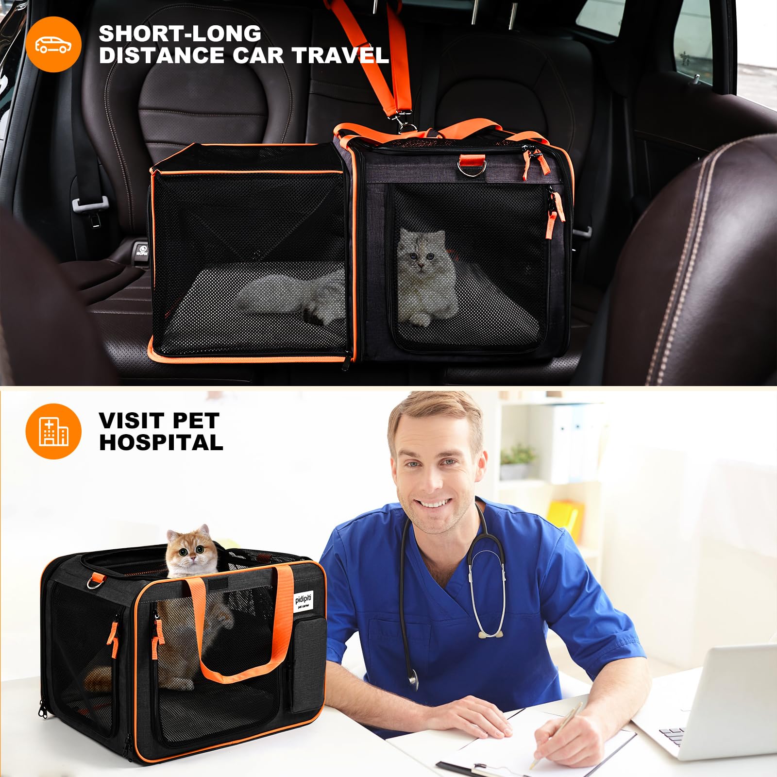 Transportín expandible para Mascotas de 20 Pulgadas de Largo x 14 Pulgadas de Ancho x 14 Pulgadas de Alto para 2 Gatos pequeños y medianos/1 Gato Mediano/1 Perro pequeño, para Viajes en Coche
