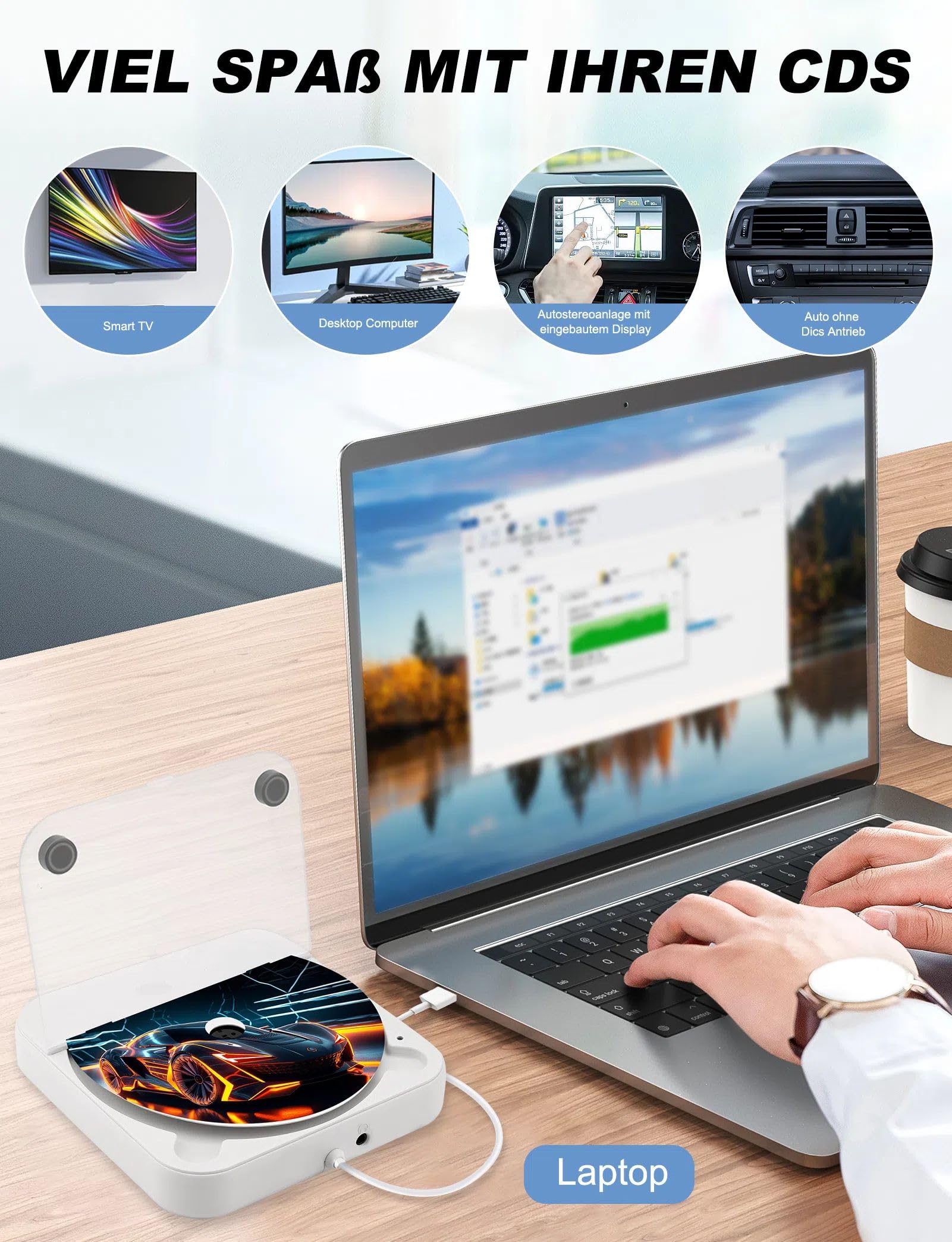 Auto CD Player Laufwerk mit USB-Anschluss - Extern Universal CD Player für Auto PKW LKW, Extra USB-Verlängerungskabel, Externes CD Laufwerk für Laptop, PC, Fernseher, kompatibel mit Android Autoradio