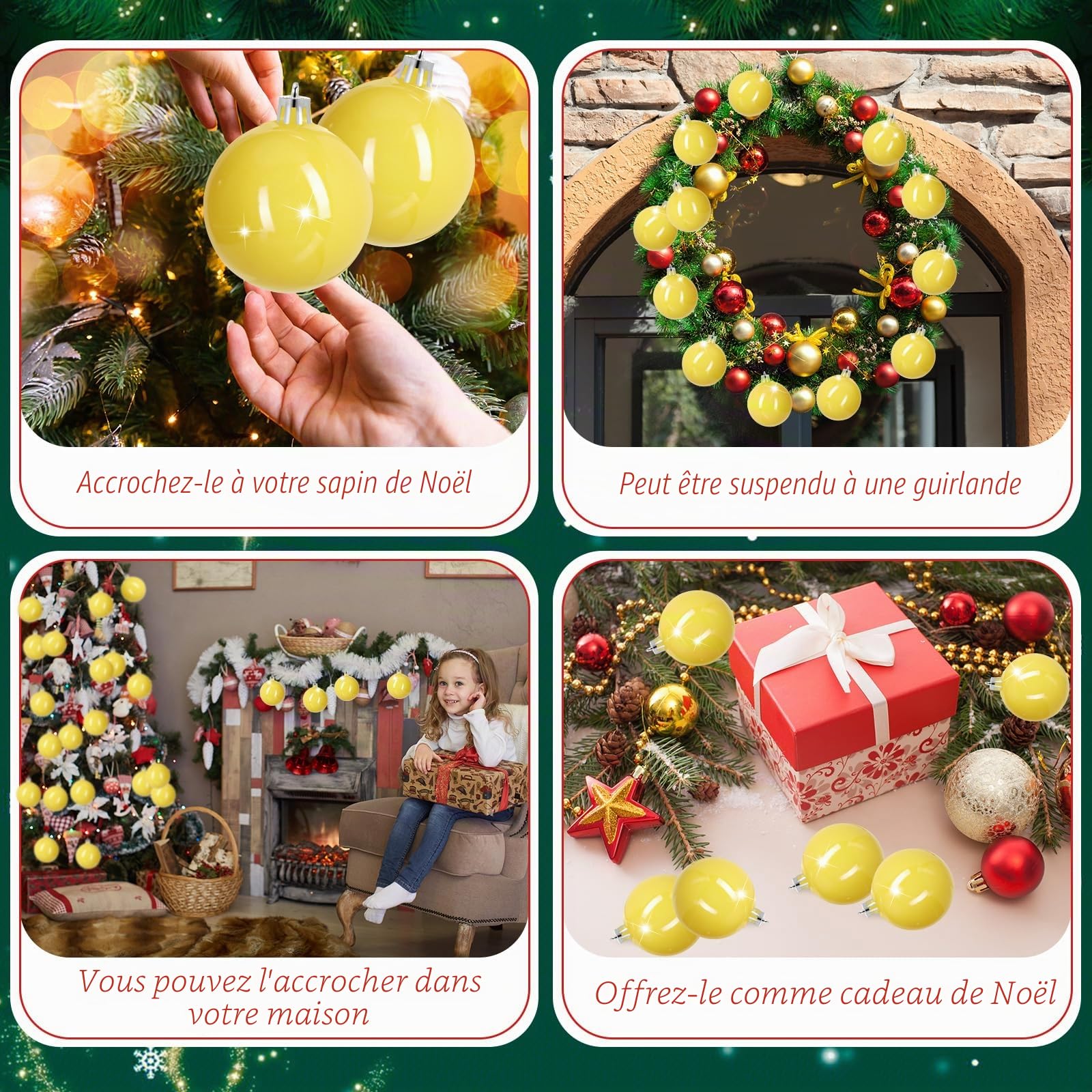 Lot de 12 boules de Noël brillantes pour sapin de Noël à suspendre - 8 cm - Jaune