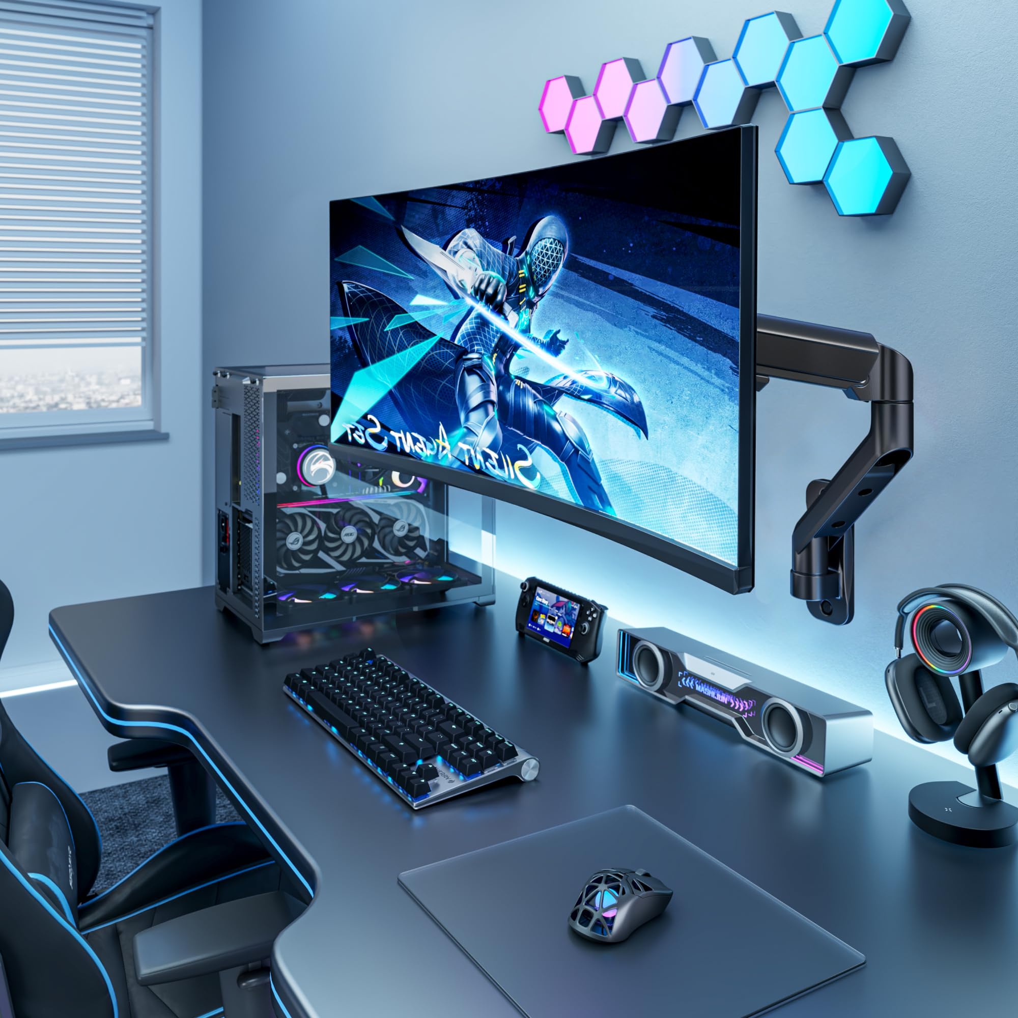 ARES WING Supporto da parete per monitor da 17-40 pollici, nero | Supporto da parete per monitor fino a 12 kg per braccio, regolabile in altezza, inclinabile, girevole, VESA 75/100 mm