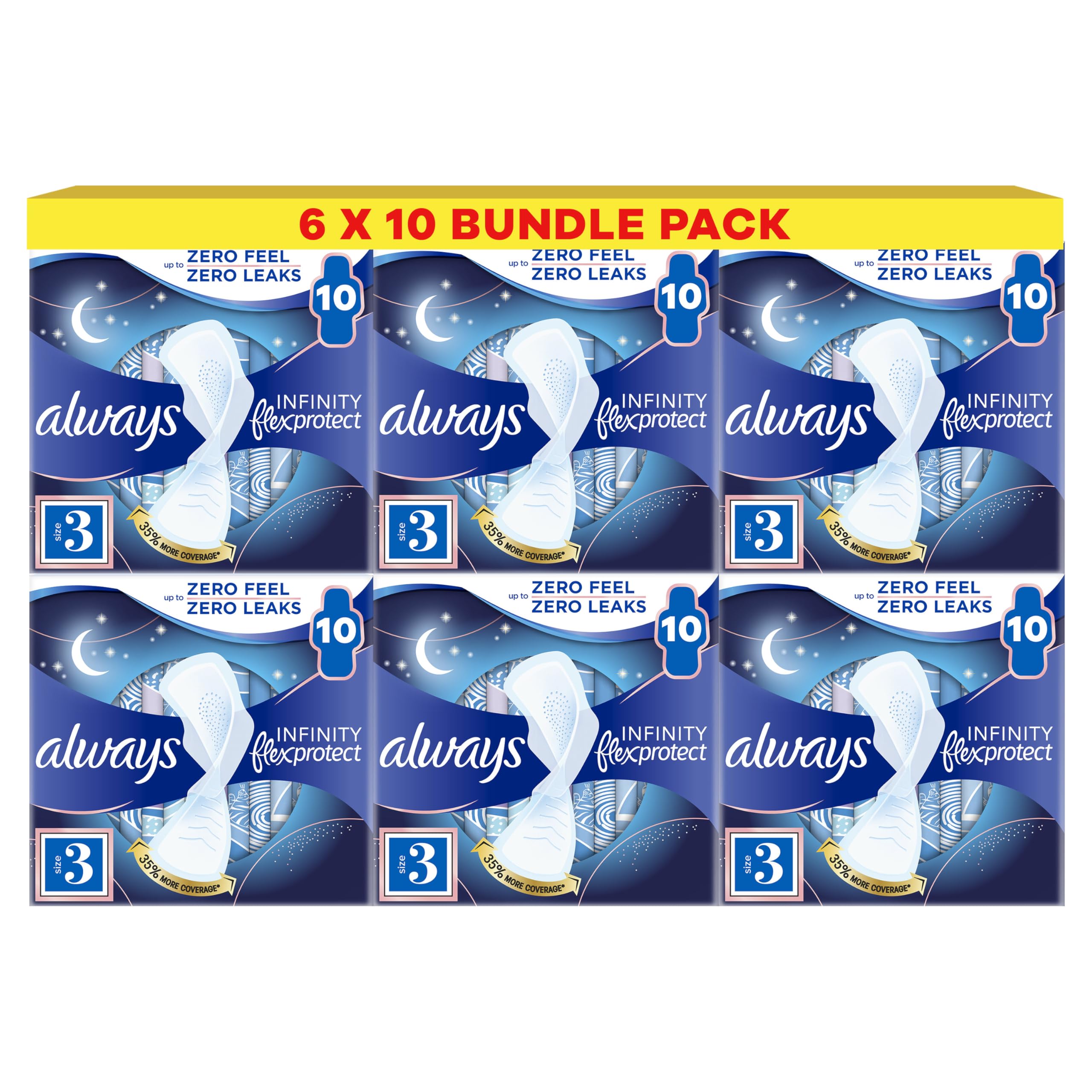Always Infinity FlexProtect Sanitary Towels, Size 3 Night, 6 Packs of 10 Count, Unscented, for up to Zero Feel & Zero Leaks, Super Absorbent & Flexible Protection