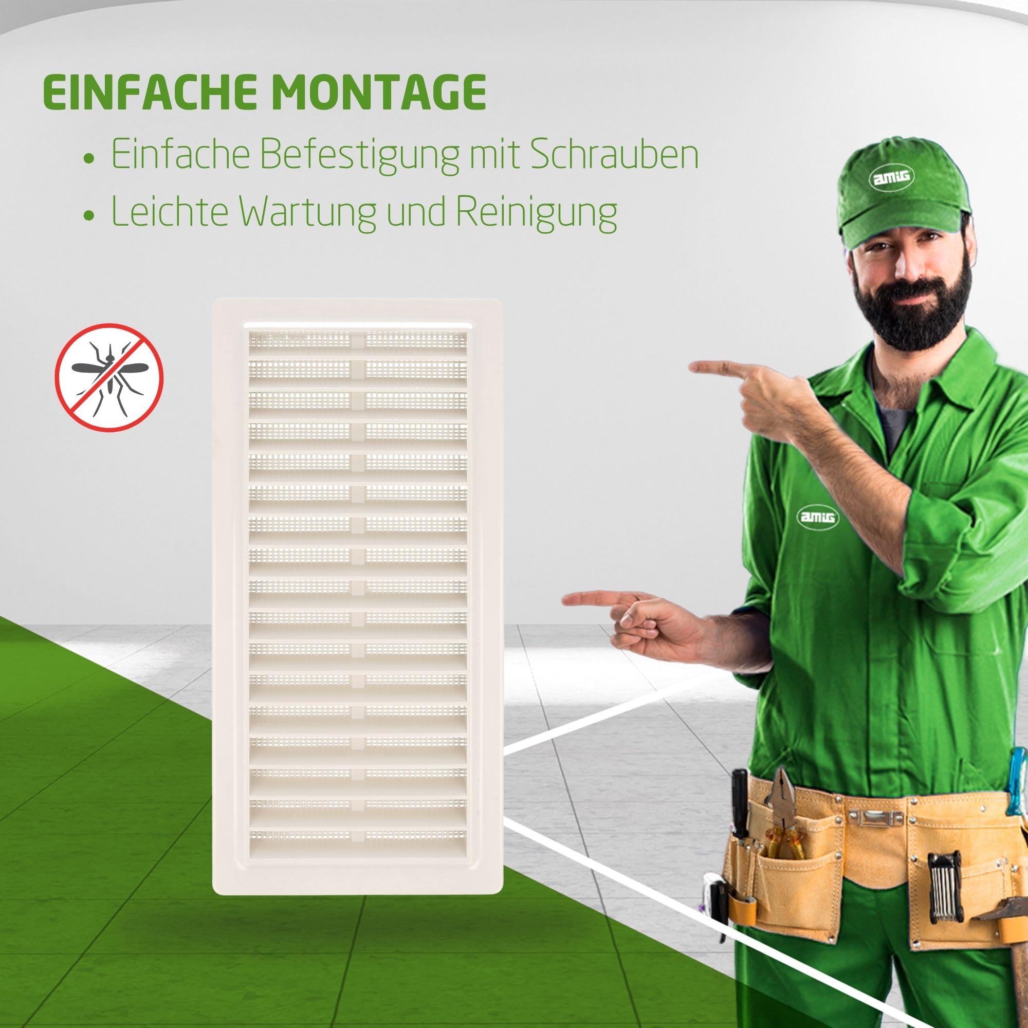 Amig - 6er-Pack rechteckige Kunststoff-Lüftungsgitter mit Insektenschutz - Lüftungsgitter für Luftaustritt - Ideal für Küchen- und Badezimmerdecken - Maße: 200 x 120 mm - Farbe: Weiß
