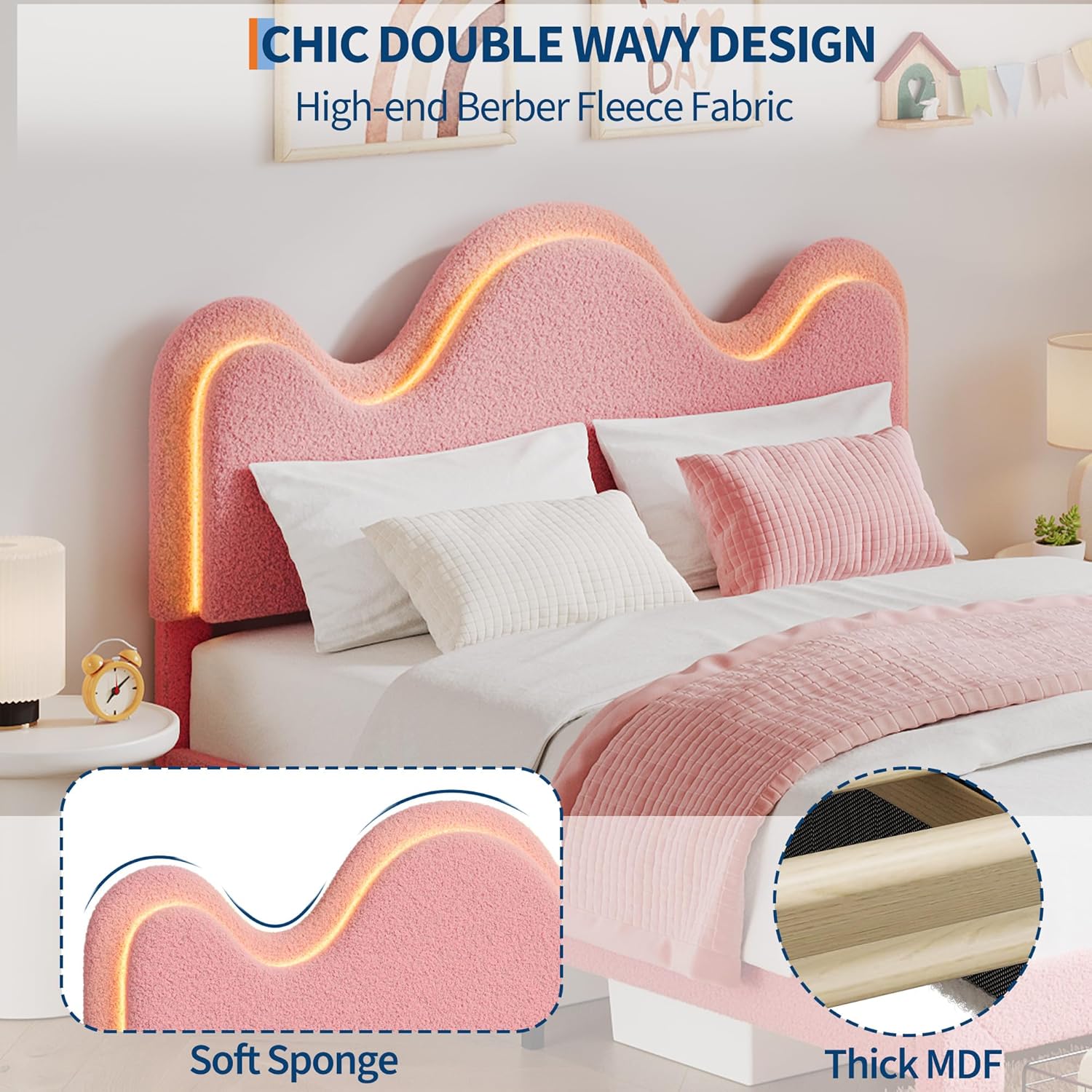 GAOMON Queen Bed Frame for Kids, Upholstered Platform Bed with Storage, Boucle Bed Frame with Petal Headboard and LED Lights, Strong Wood Slat Support, No Box Spring Needed, Easy Assembly