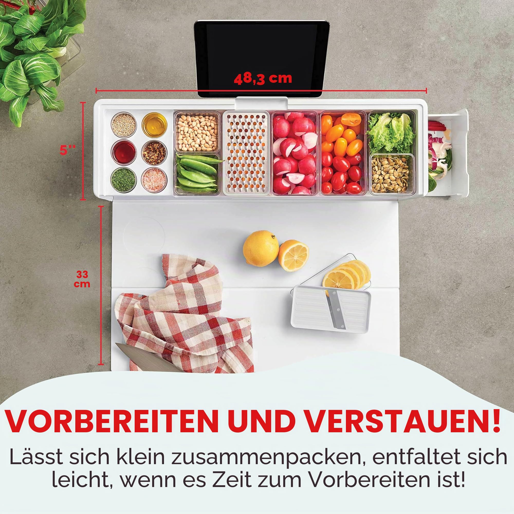 Prepdeck Gen 2 Rezeptvorbereitungs- und Aufbewahrungsstation – 8 wichtige Werkzeuge + Deluxe-Schneidebrett, 14 Kunststoffbehälter + superversiegelte Deckel, abnehmbare Müllfächer, Tablet-Ständer im