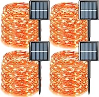Vista 10 de YEGUO Paquete de 4 luces solares blancas, cada 33 pies 100 luces LED de Navidad impermeables para exteriores, 8 modos de alambre plateado