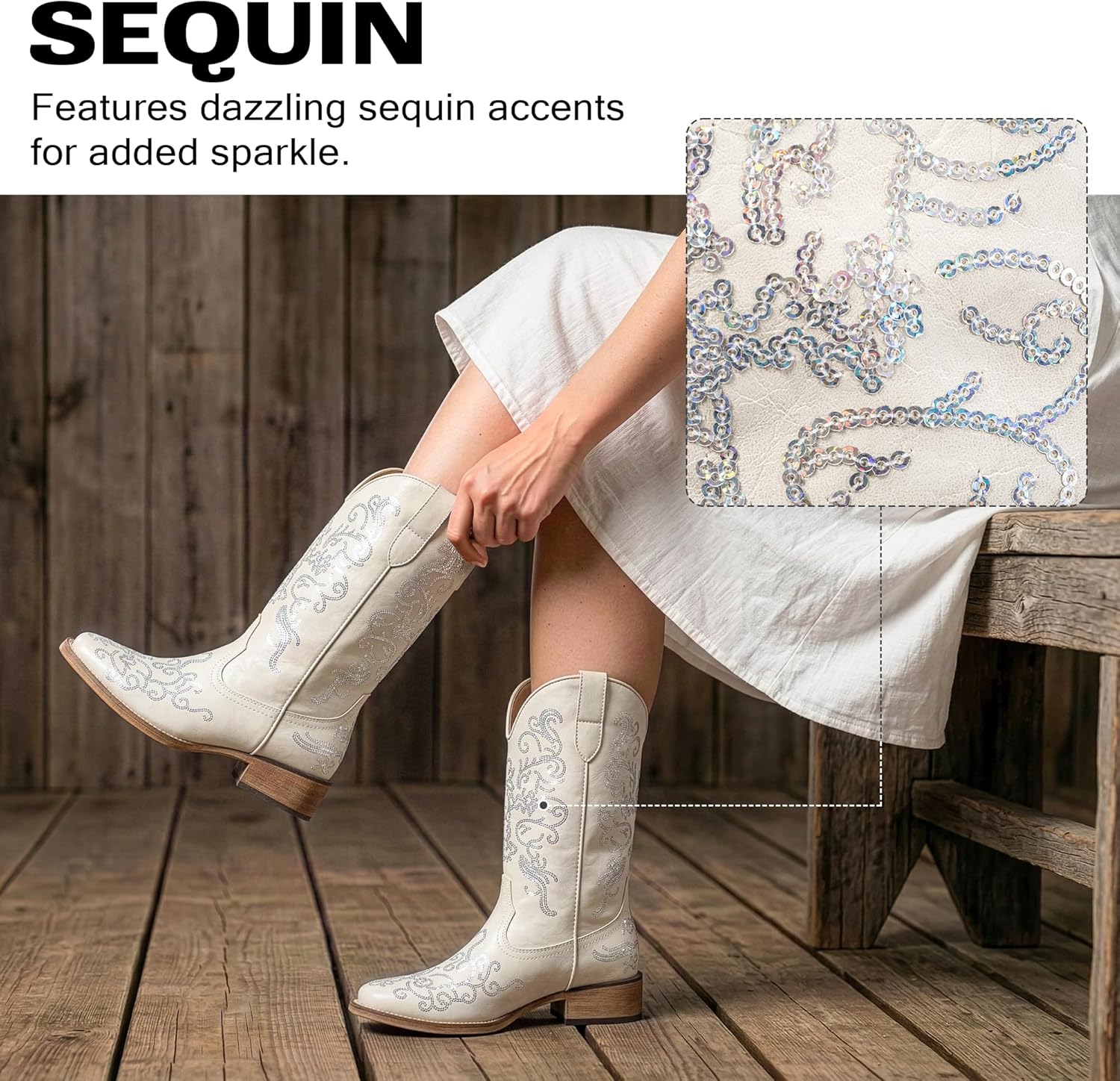SheSole Women's Exquisite Floral Embroidery Sparkly Glitter Sequin Wide Square Toe Western Cowboy Cowgirl Boots Mid Calf Country Wedding Bridal Shoes