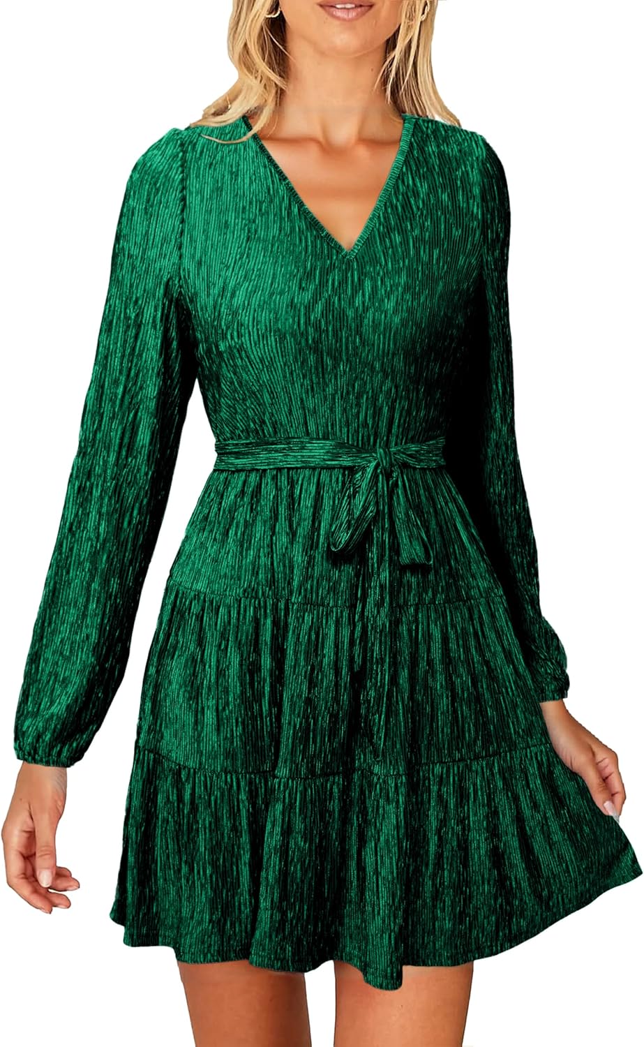 Simplee Womens Velvet Long Sleeve V Neck Fall Dress Tiered Flowy Mini Cocktail Dress Winter Casual Short Dresses 2025