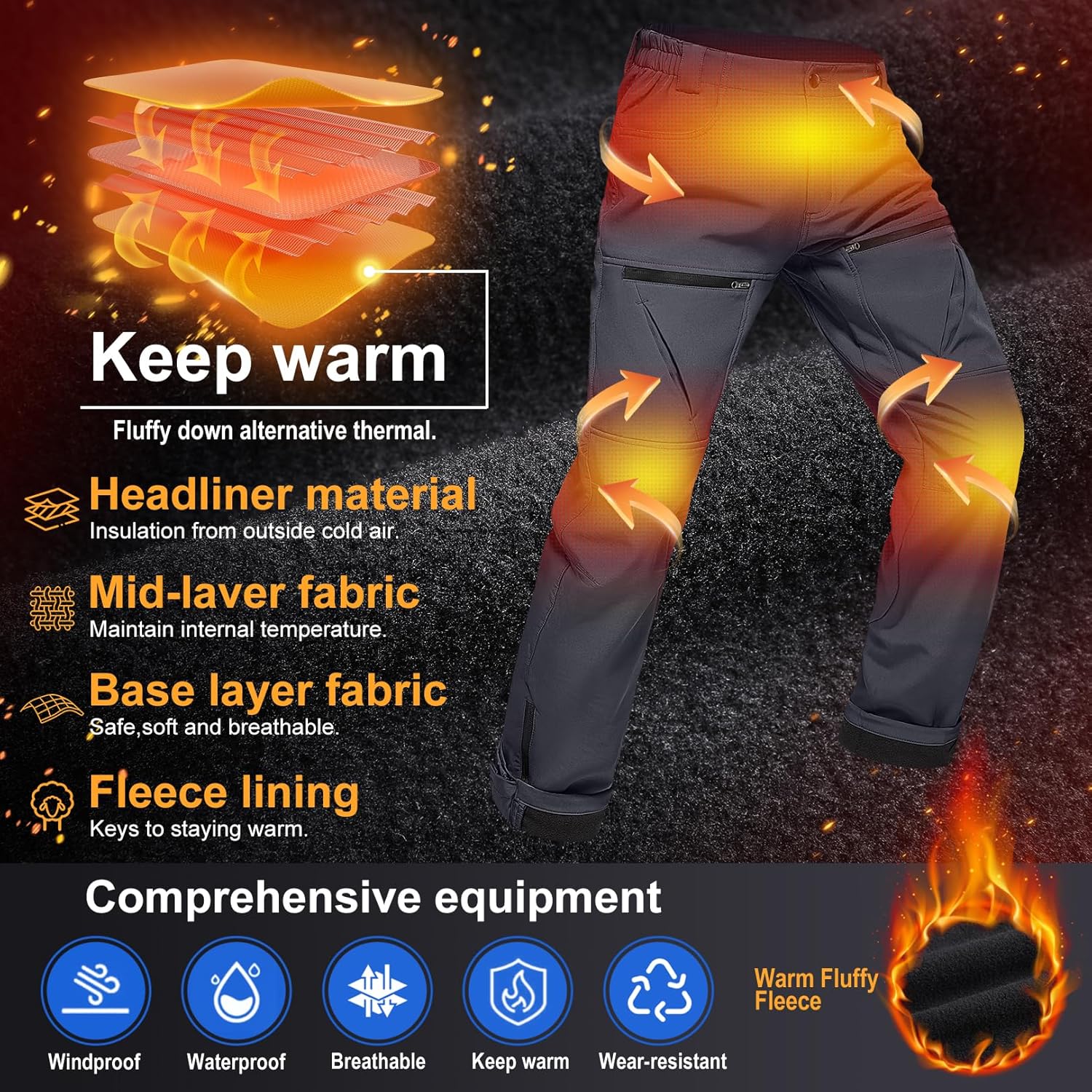 Toomett Mens Winter Hiking Snow Pants-Waterproof Insulated Fleece Lined for Camping Outdoor Softshell Snowboard Ski Pants - Image 4