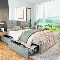 Vista 1 de St.Mandyu Base de cama tamaño Queen con 4 cajones de almacenamiento y cabecera ajustable, base de cama de plataforma tapizada con cabecera capitoné