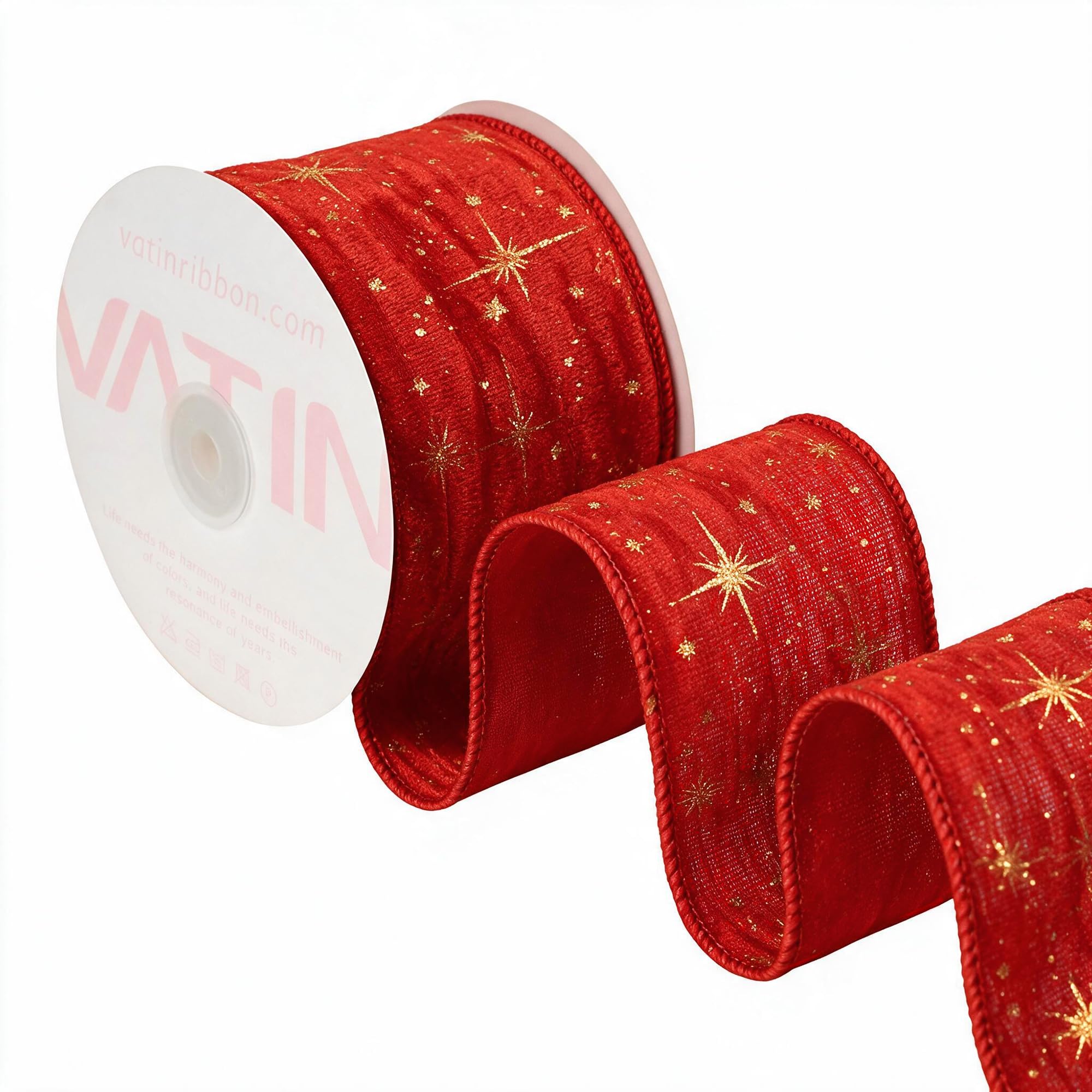 VATIN Red Pleated Velvet Gold Starburst Wired Ribbon, 65 MM x 9 M — image 1