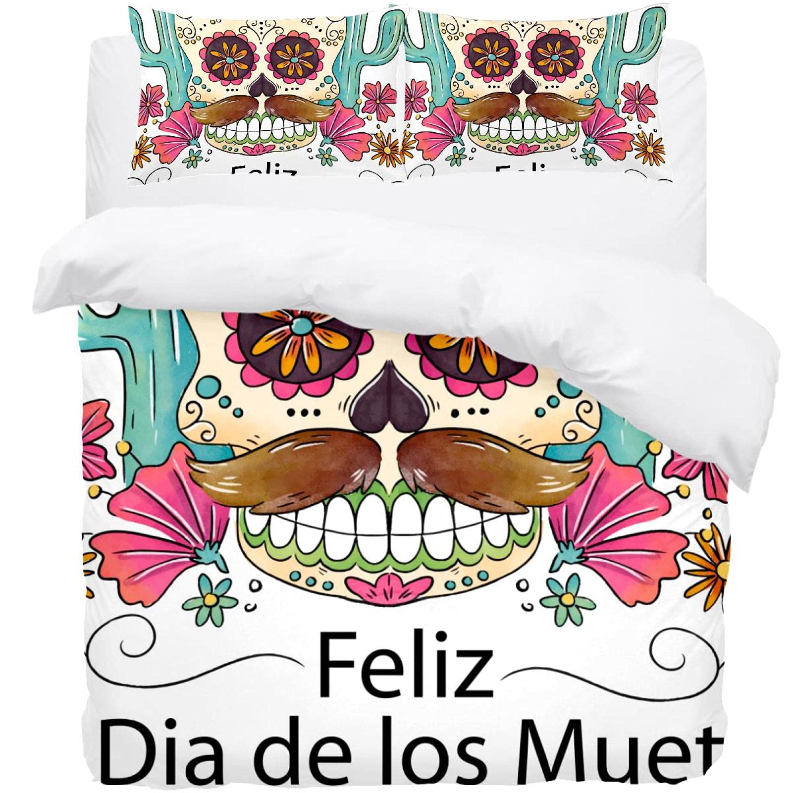 Housse de couette crâne floral avec 2 taies d'oreiller pour lit double