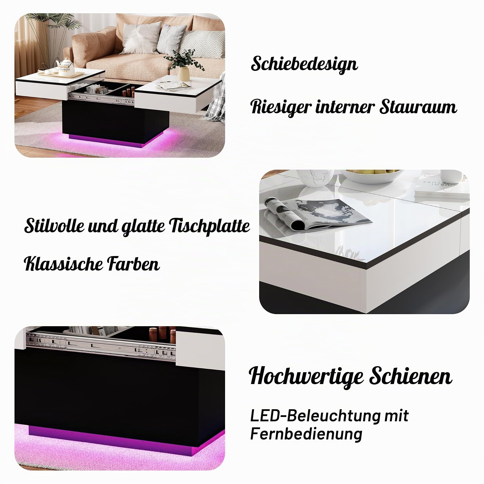 MSFE Couchtisch Weiß Hochglanz mit LED,Ausziehbarer Couchtisch,LED-Couchtische für Wohnzimmer mit 20 Farben Leuchten,Wohnzimmertisch mit 2 Stauräume,Hochglanz-Finish,Mitteltisch,80 * 58 * 40cm
