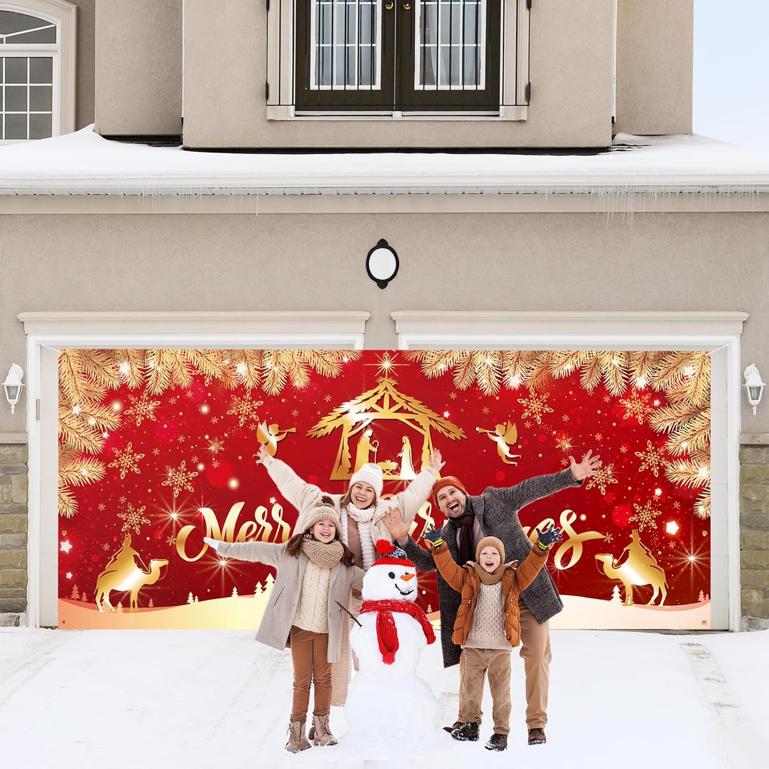 Trgowaul Christmas Garage Door Decorations, Large Red Gold Jesus Xmas Garage Door Cover Banner Backdrop, Jesus Nativity Merry Christmas Background Party Supply, Happy New Year Garage Door 7x16ft