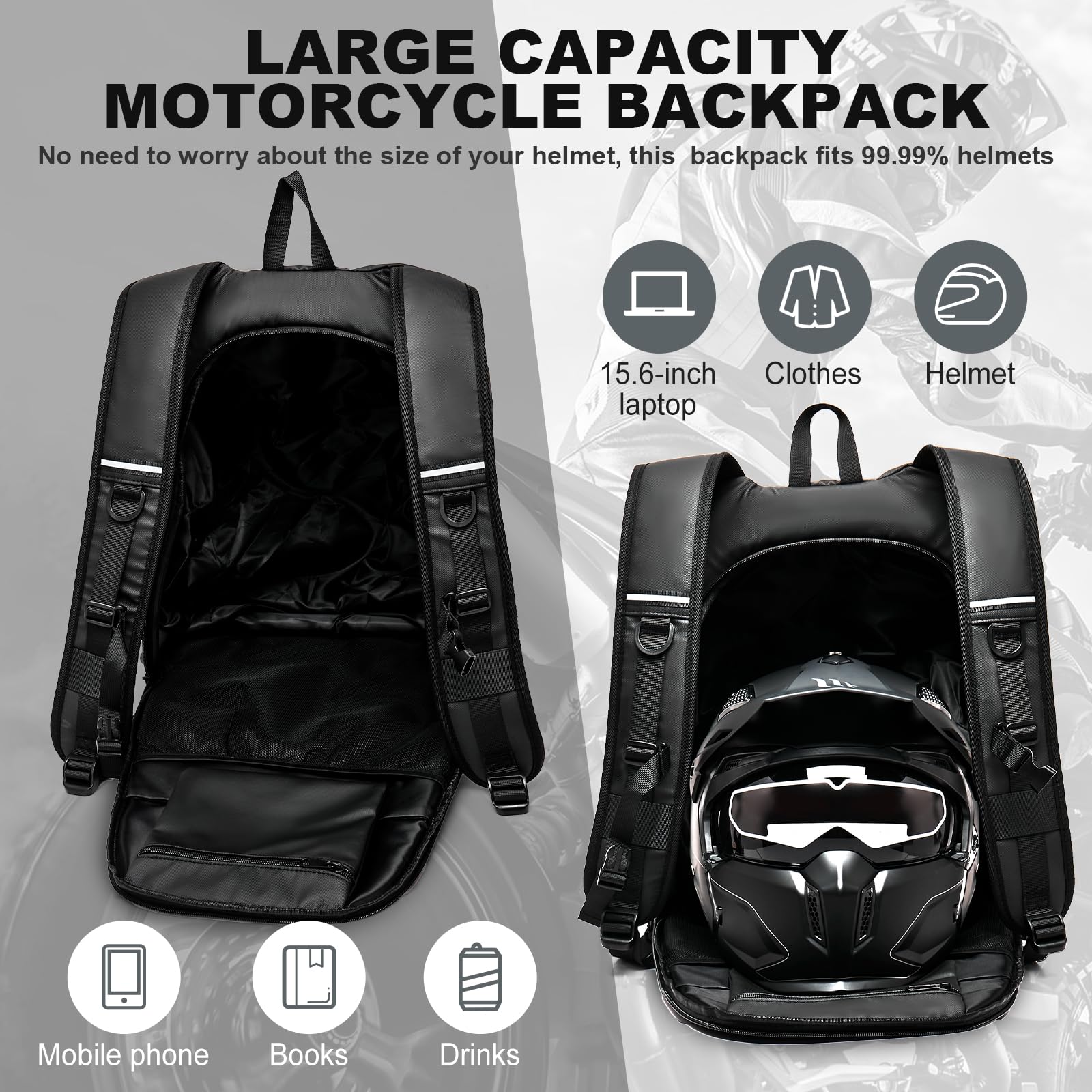 WEPLAN Zaino da Moto Zaino Portacasco da Moto Uomo Zaino per Casco Zaino da Portacasco Impermeabile Cinturino per Casco da Moto Borsa Porta Casco Moto,Nero