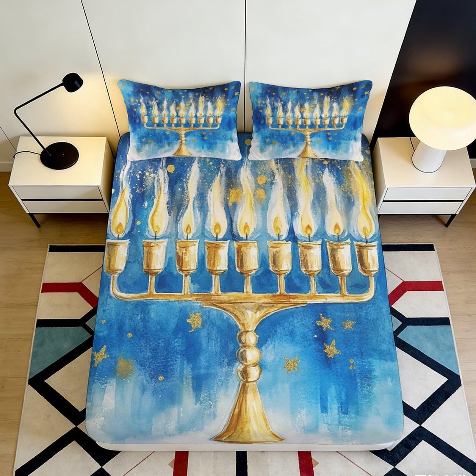 3D Printed Menorah Fitted Sheet Microfiber Elastic Hem Deep Pocket Menorah Mattress Fitted Cover Washable for Bedroom 200x200x25cm