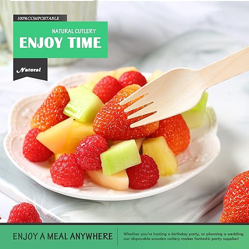 Miniatura 7 de Tenedores de madera desechables, paquete de 100, 6.5 pulgadas de longitud, biodegradables, utensilios de madera natural, ideales para fiestas,