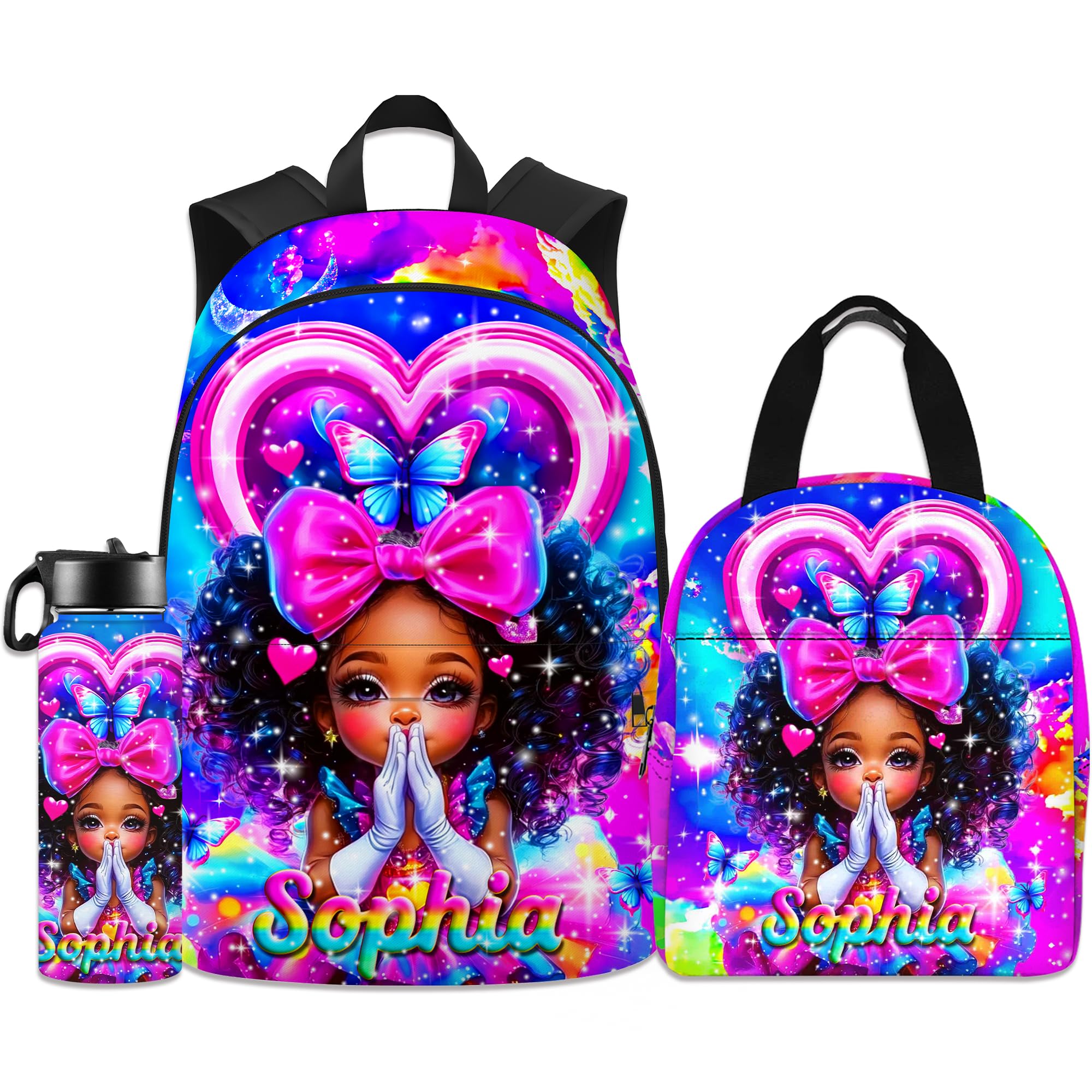 WHIMCHOIT Personalized Backpacks for Girls Boys Kids School Backpack with Lunch Box, 18OZ Water Bottle Custom Name Backpacks Bookbag Set School Bags