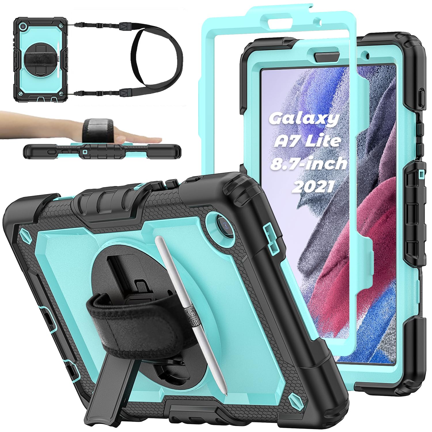 BASE MALL Case for Samsung Galaxy Tab A7 Lite 8.7-inch 2021 (SM-T220/T225), Protective with Screen Protector/Hand Strap/Pen Holder, Sturdy Shockproof