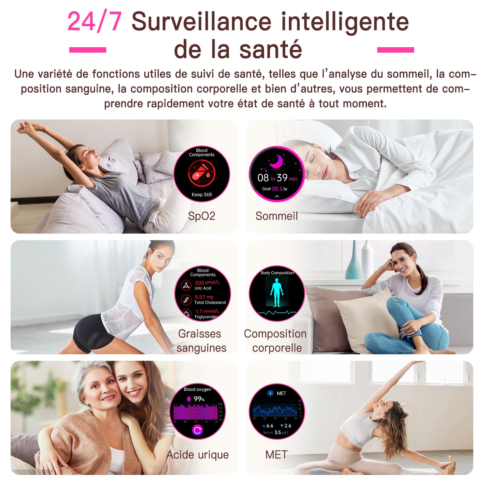2026 Montre Connectée Femme avec ECG+HRV/IMC, 1,43" AMOLED Smartwatch avec Fonction Féminine, 24H Pressιon artérιelle/Fréquence Cardiaque/SpO2/Sommeil Monitor, IP68 Étanche pour Android iOS