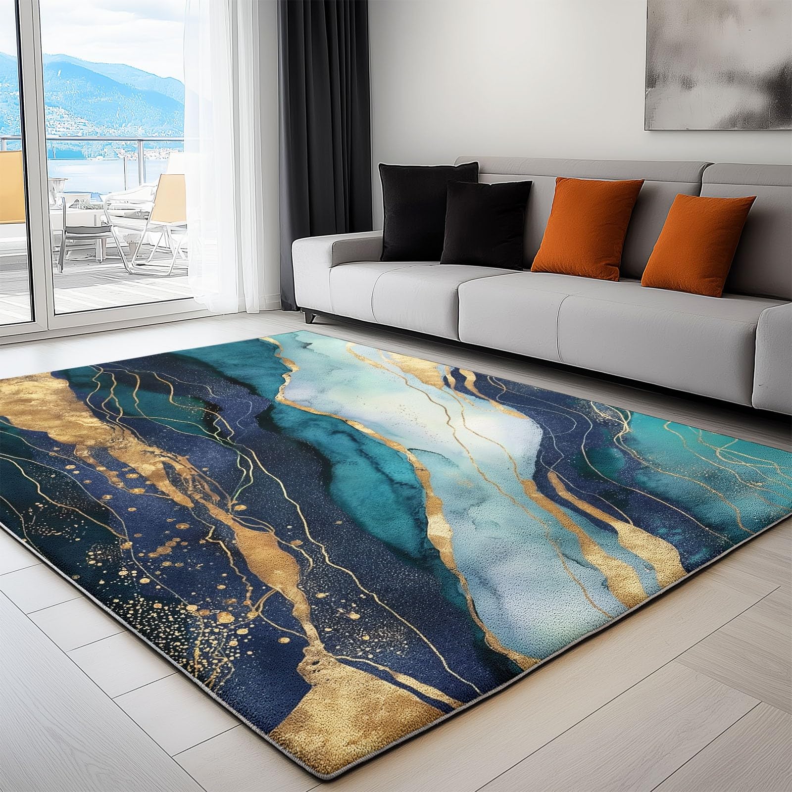 Tapis de salon marbre et or 120x170 cm grand modéle lavable