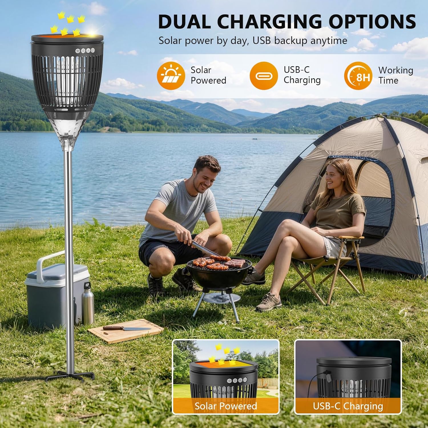 Solar Bug Zapper Outdoor, Jinyeda Mosquito Zapper with Ambient & Flame Lights, 4200V Cordless Mosquito Killer, Rechargeable Insect Trap Waterproof Decor for Patio, Garden, Yard