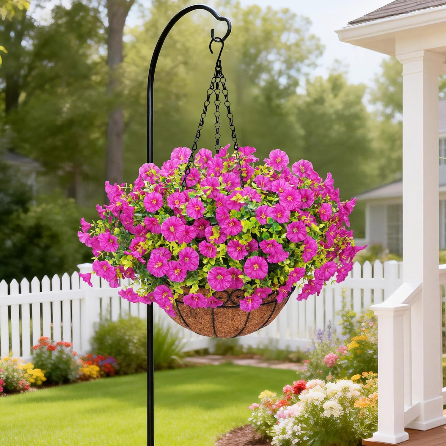 Yastouay Artificial Hanging Flowers for Outdoors, Fake Hanging Plants with Baskets, UV Resistant Hanging Flowers Fake Flowers for Outdoors Porch Patio Garden Spring Summer Decor(Purple Red)