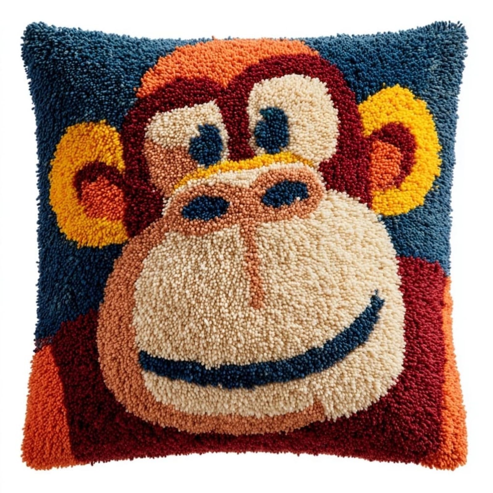 Henypt Latch Hook Craft Cushion Kit 43x43cm,Cute Monkey Pillow Cover Needlework for Bedroom Lounge,Easy to Make Starter Set for All Ages