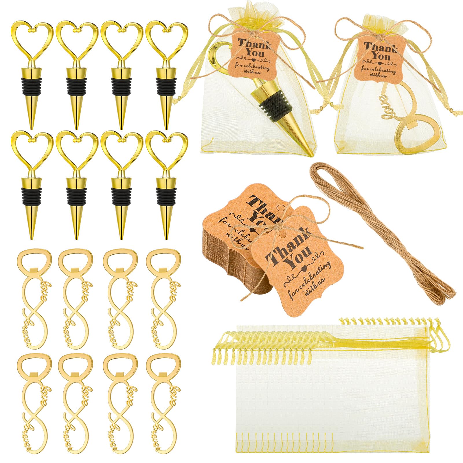 Tanlade 60 Pcs Wedding Party Favors for Guests Wine Stopper and Opener Love Set Love Forever Bridal Shower Favors with 100 Tags 60 Mesh Bags for Wedding Party Souvenir Decorations Supplies (Gold)