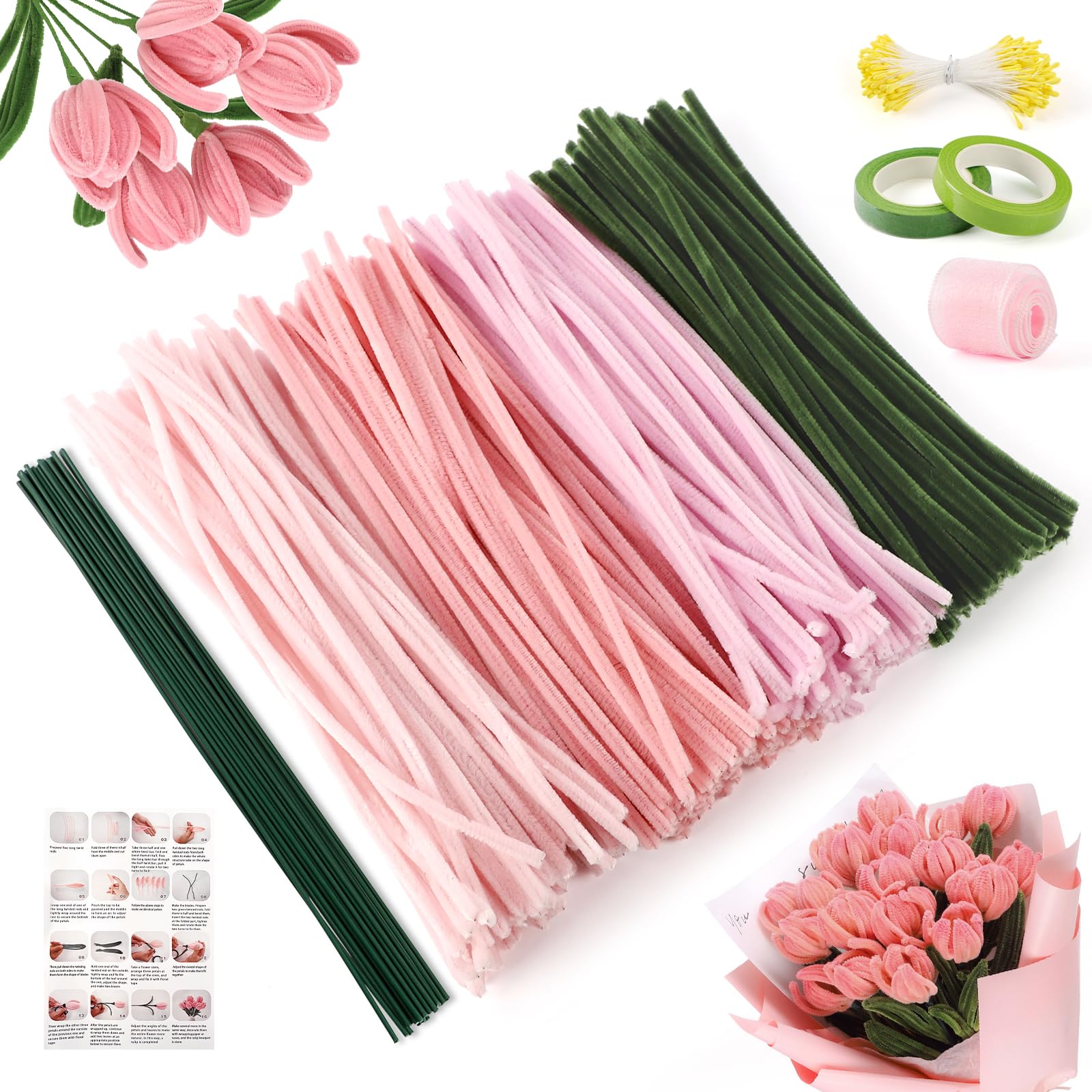 unbholkk Pfeifenreiniger Blumen Set, 300 Stück Pfeifenputzer zum Basteln, Pfeifenreiniger zum Basteln, mit Grüne Bastelfaden, Klebeband, Geschenkpapier für DIY-Kunsthandwerk (Rosa)