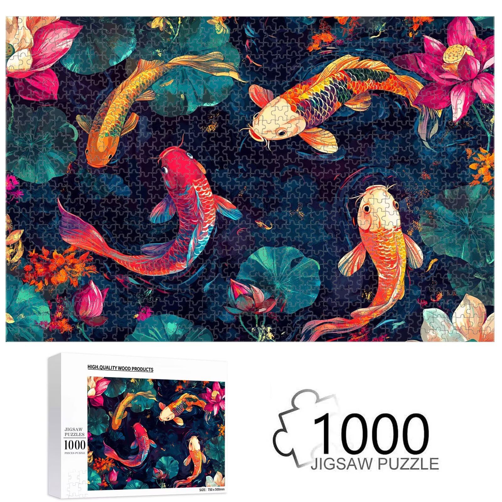 1000 Teile Puzzle für Erwachsene, Koi & Lotus, Robustes Holz Puzzle 1T#338