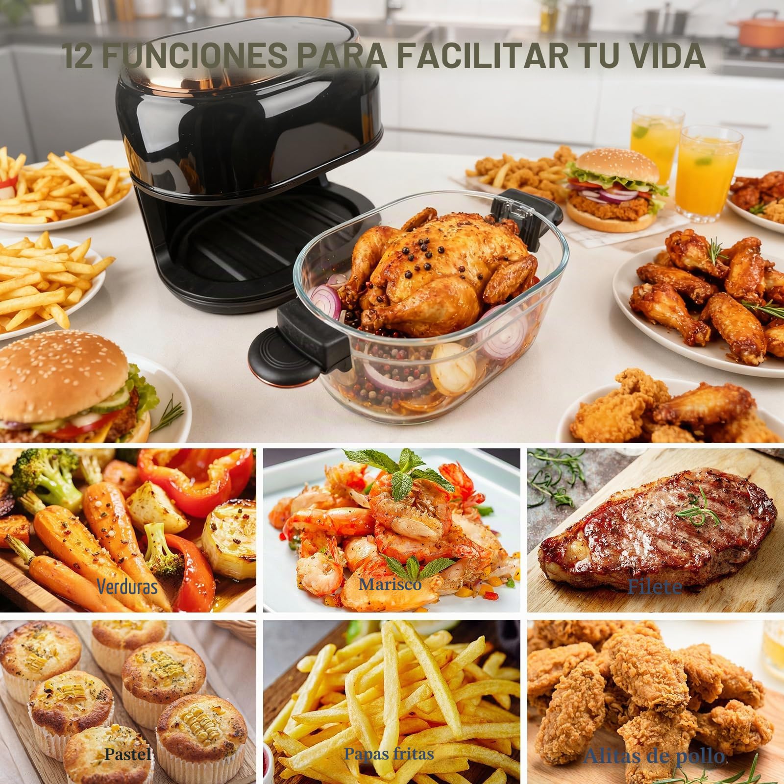 Freidora de aire 5L Airfryer, 9 en 1 con cesta de vidrio y pantalla LED | Con ventana de visualización, temporizador 24 h y cocción saludable con menos aceite, ideal para toda la familia