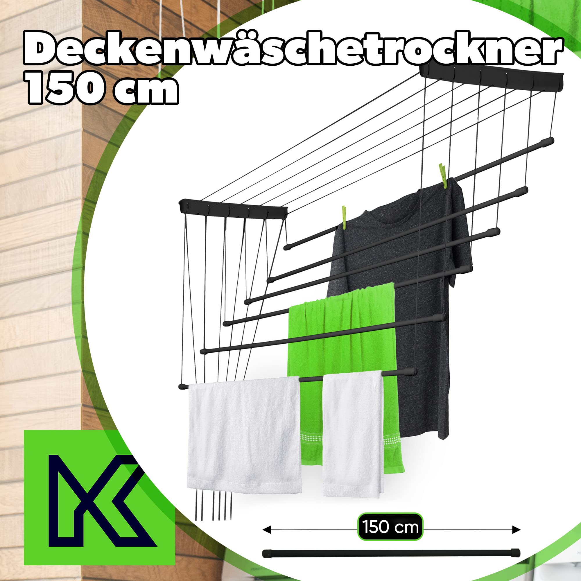 KADAX Deckenwäschetrockner, 9m Trockenfläche, Wäschetrockner für die Decke 6, Wandtrockner mit Polyethylen bezogenen Stahlsprossen, Deckentrockner Traglast 12kg (6x150/schwarz)